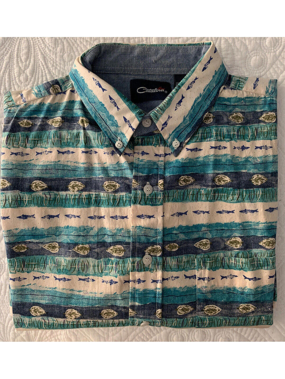 CATALINA MEN'S Hawaiian Shirt Fish Fishing Aloha Size L Blue Tan Vintage
